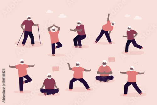 Aged male character practicing yoga, meditation and stretching. Set of african american elderly men active healthy lifestyle. Sports activities, retirement, healthcare