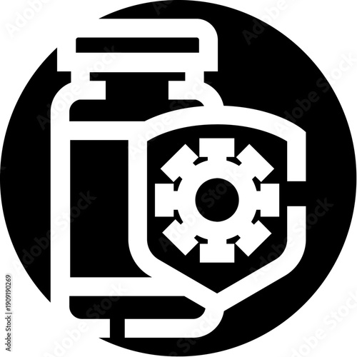 Vaccine bottle with shield icon symbolizing medical protection, immunity and health security against viruses, disease and pandemics, minimalist flat black and white graphic