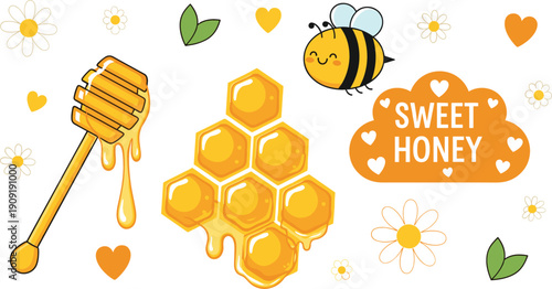 Sweet honey vector illustration with dripping honeycomb bee and floral elements in cute cartoon style isolated on white background for food design