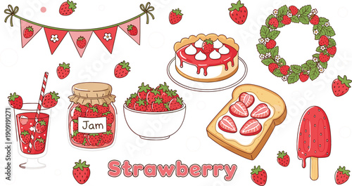 Strawberry themed vector illustration set with dessert jam drink cake wreath and cute decorative elements in cartoon style isolated on white background
