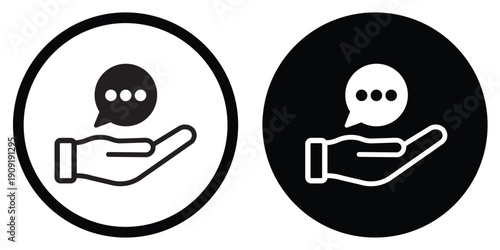 Vector icon of a hand holding a speech bubble with three dots. Concept for customer service, communication, feedback, and support. Minimalist black and white design in circular frames. (191 chars)