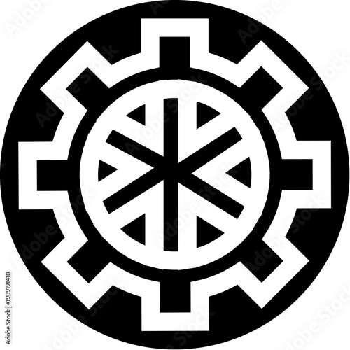 Perun wheel, bold black and white slavic pagan symbol of thunder and sun, geometric protective emblem in clean graphic icon style, suitable for tattoo or vector use