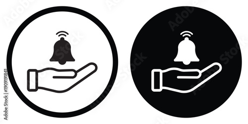 Vector icon of a hand holding a ringing notification bell. Represents alerts, reminders, customer service calls, and subscriptions. Clean line art and solid versions for web and print.