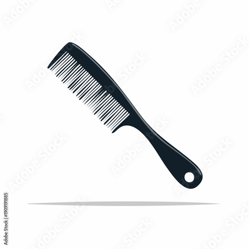 A dark colored comb with a handle and teeth is depicted against a plain background, illustrating a personal grooming tool