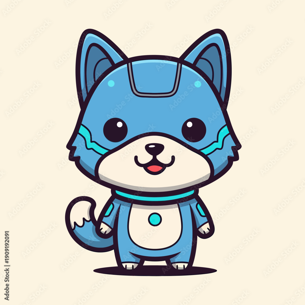Fototapeta premium Cute blue cartoon wolf character with robotic features