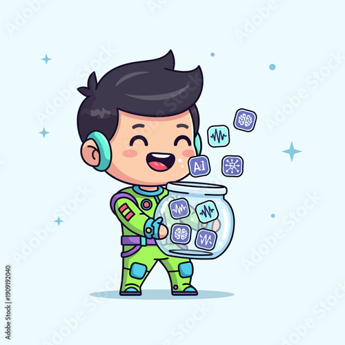 Cartoon astronaut collecting AI brain data in jar