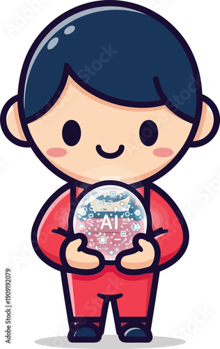 Cute cartoon boy holding AI globe with futuristic tech symbols