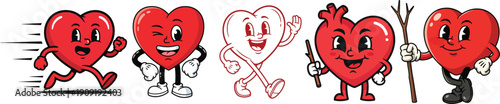 Groovy retro sticker pack. Valentine's day in trendy comic style. Love cartoon heart character. Heart with tattoos on a skateboard.