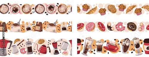 Set Of Seamless Borders with Coffee Drinks, Pastries, Beans And Barista Tools In Flat Style. Repeating Pattern Collection For Cafe Shop, Branding, Wallpaper, Packaging, Menu And Interior Decor