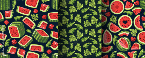 Set Of Seamless Patterns With Assorted Watermelon Slices And Leaves In Flat Style. Repeating Summer Texture For Fresh Branding, Scrapbooking, Textile Design, Wallpaper And Packaging.