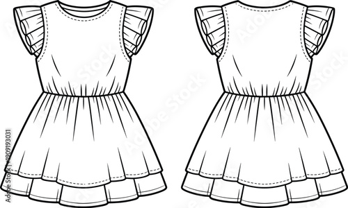 Cute girls ruffle sleeve dress fashion sketch, vector flat illustration showing front and back design, perfect for kidswear CAD design.