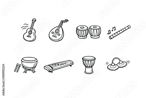 Collection of diverse musical instruments in a simple doodle art style