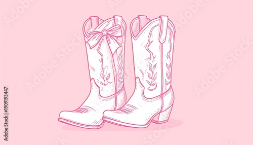 A delicate pink sketch of cowboy boots with a bow, set against a soft pink background.