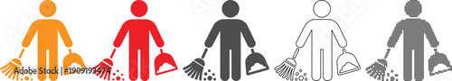 colorful stick figures holding brooms and dustpans in various styles