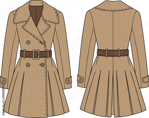 Double-breasted trench coat with belt, pleated skirt, lapel collar, sleeve tabs, front and back CAD flat vector illustration