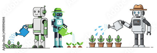 A collection of friendly robots diligently watering various stages of plant growth, illustrating automation in agriculture and gardening.