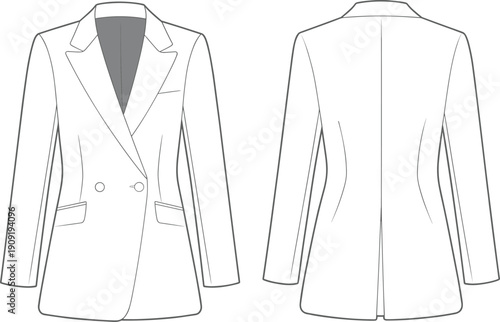 Double-breasted women’s blazer technical flat sketch, vector fashion drawing with lapel collar, tailored design, front and back view