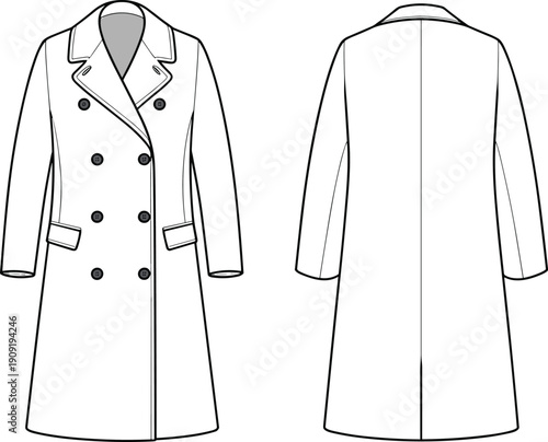 Double-breasted women's long coat front and back flat sketch, classic trench silhouette, fashion technical cad drawing for designers.