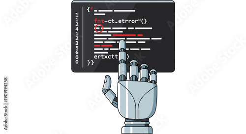 A robotic hand interacts with a digital screen displaying lines of code, symbolizing artificial intelligence and automation in software development.
