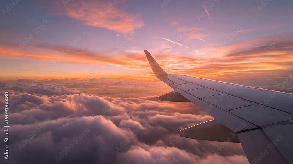 Obraz premium Airplane Wing Soaring Above Vibrant Clouds During a Breathtaking Sunset