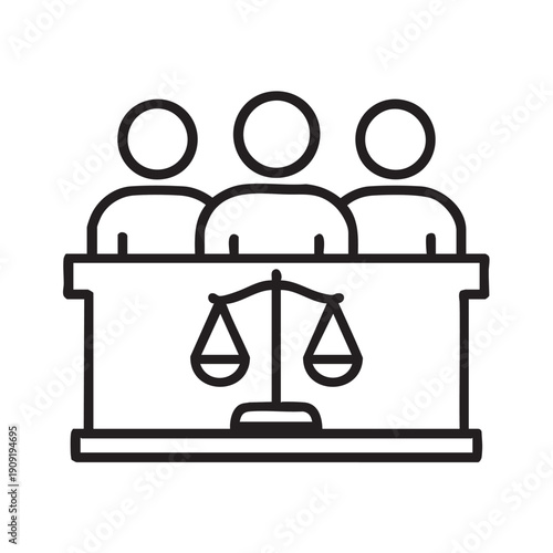 Jury Panel Icon - Minimalist Group of Judges or Witnesses with Scales of Justice Line Art Vector