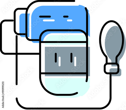 Blood pressure monitor showing cuff and pump bulb, illustrating medical check up, hypertension management, and heart health screening in a healthcare setting