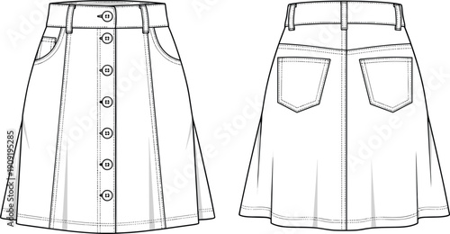 Button front A-line skirt technical drawing with waistband, belt loops, front and back pockets, cad drawing flat vector illustration