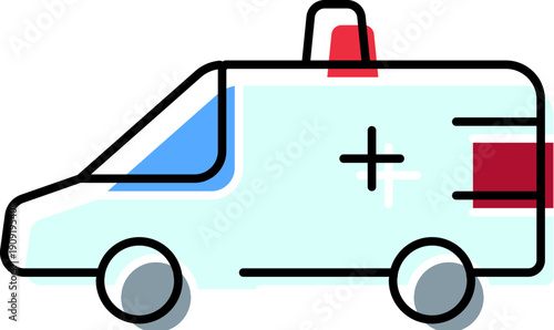 Ambulance vehicle featuring a red cross symbol on its side and siren light on the roof, representing critical services for healthcare, first aid, and patient transportation during emergencies