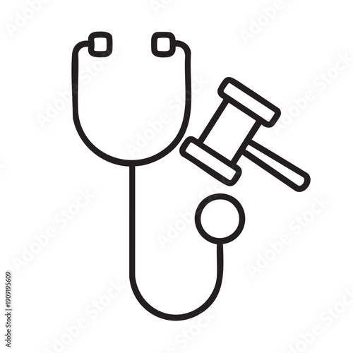 Medical Law and Malpractice Icon - Stethoscope with Judge Gavel Line Art Vector Illustration