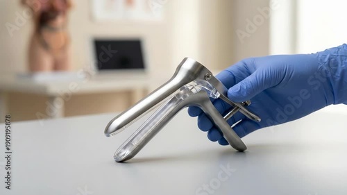 Doctor hand in glove holding a gynecological speculum for medical examination of woman. Womens health and gynecology concept.