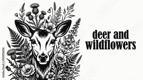 deer face merged with wildflower floral arrangement in graceful ornamental tattoo design illustration presenting artistic mystical nature symbol aesthetic decorative ink concept