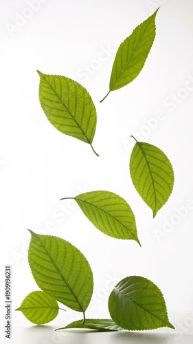 Floating green leaves drift gently over white background minimalist botanical composition. fresh nature leaf pattern with delicate veins and serene