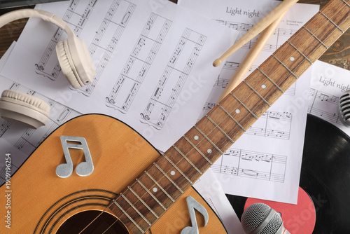 Guitar, music sheets, moder...