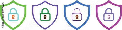 Four colorful shield with lock symbols in green purple blue and pink on white Keywords: shield
