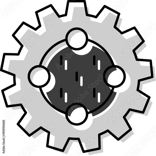 Gear icon with interconnected circles and internal elements symbolizing system processing, technological connection, workflow management, and development settings