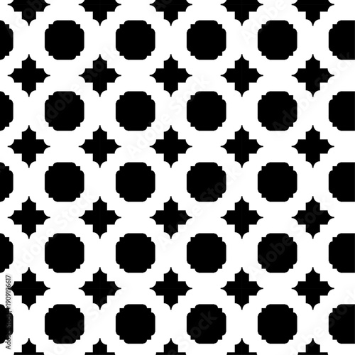 Seamless Islamic geometric pattern featuring black octagonal and star silhouettes in a repetitive tile arrangement for elegant textile print or modern architectural wallpaper surface design.
