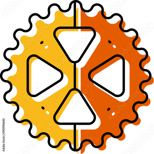 Stylized gear icon illustrating mechanical technology, engineering, and industrial process, featuring jagged teeth and internal geometric shapes on a split orange and yellow backdrop