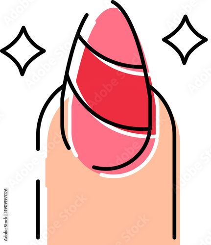 Manicured fingernails with pink and red polish, glitter stars and linear accents on a white background, modern nail art symbolizing beauty, fashion, and personal care