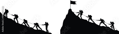Teamwork mountain climbing silhouette illustration showing hikers roped together reaching summit with flag symbolizing leadership cooperation success challenge 