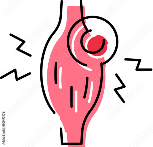 Muscle outline experiencing pain, inflammation, or injury, indicated by a red spot and lightning symbols, representing a medical problem or health condition