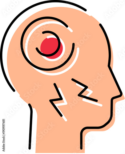 Human head profile icon illustrating acute pain, stress, sickness, or migraine symptoms with throbbing red circles and lightning bolt symbols indicating discomfort and mental health issues