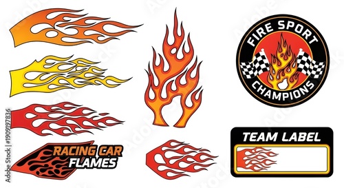 A dynamic set of automotive-style decals featuring fire and flame motifs in bold red and yellow gradients. Includes high-energy typography for 