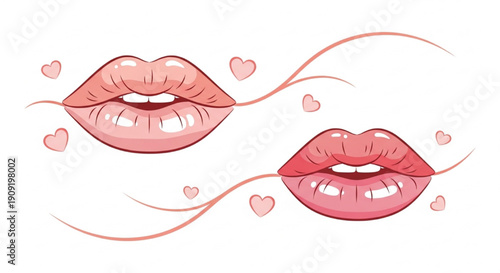 Stylized Feminine Lips with Floating Hearts Vector Illustration