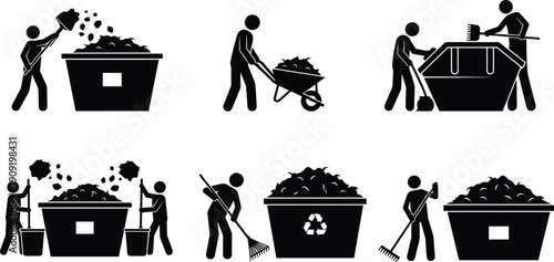 Waste management worker silhouette set with people cleaning collecting garbage recycling activities isolated on white background sanitation vector illustration