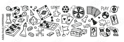 Board games doodles set hand drawn vector illustration sketch icons of cards dice and pawns checkers