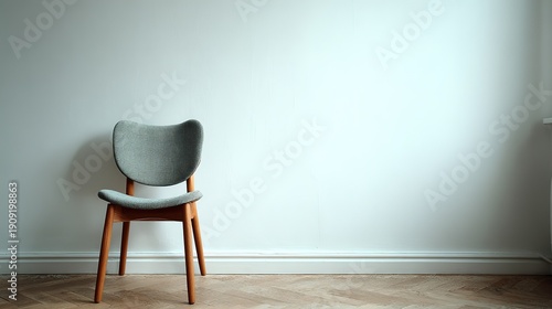 Gray Fabric Chair with Wooden Legs Against White Wall, Minimalist Nordic Style Home Scene
