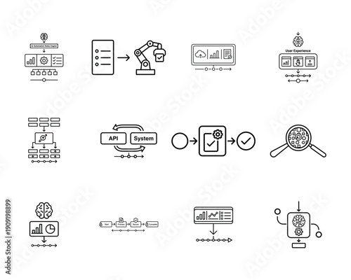 Black and white line of automation and technology concepts including A I robotic process robotics de