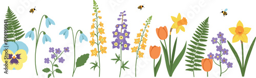 Spring wildflowers botanical illustration with colorful garden blooms leaves and bees delicate flat vector design for nature backgrounds seasonal decorations and floral projects