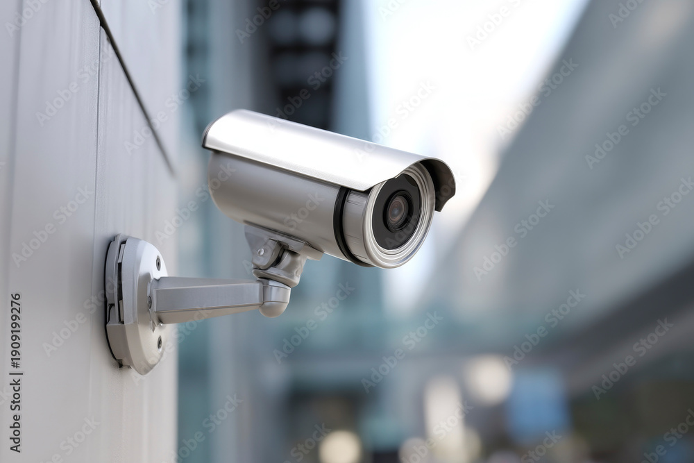 Fototapeta premium Home security system, video surveillance with white cctv camera outside building. Generative AI image
