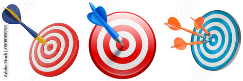 Foto three realistic 3d rendered dartboards with arrows hitting the bullseye, representing precision and accuracy in sports